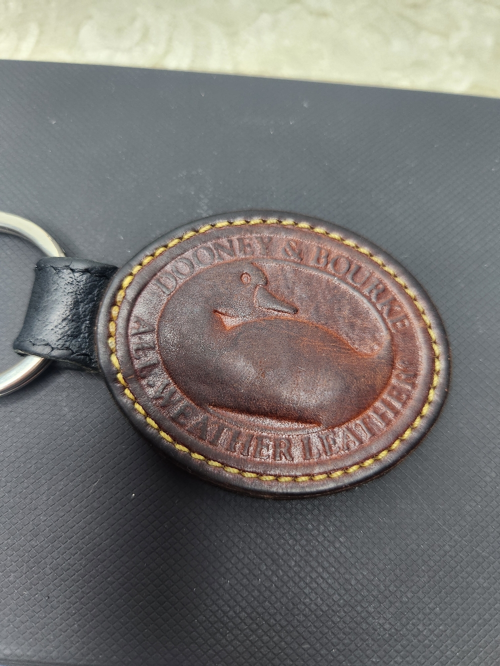 Vintage Dooney & Bourke All Weather Leather Keychain Duck Logo Brown Key Ring